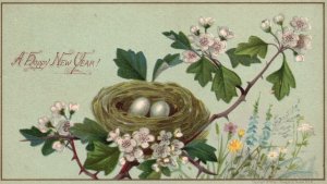 1880s-90s Eggs in a Birds Nest Tree A Happy New Year Trade Card