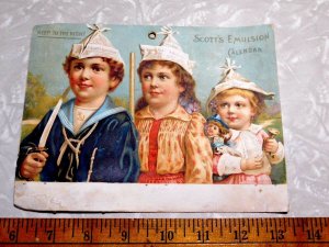 1894 Lovely Scott's Emulsion Calendar Cute Kids Norwegian Cod Victorian Card #W