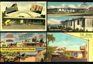 H56 Fla. 4 pcs. 1950s Autos Villa Moderne,, Crawfords, Motor Lodge, Sunset Manor