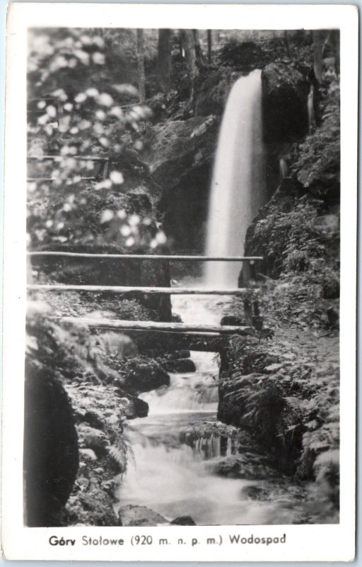 c1920s Gory Stolowe, Poland RPPC Wodospad Waterfall Forest Stream Bridge A347