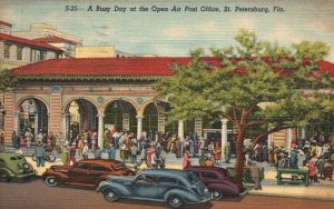 Vintage Postcard 1946 A Busy Day Open Air Post Office St. Petersburg Florida FL