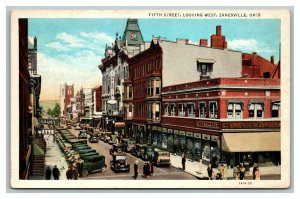 Vintage 1920's Postcard Pedestrians Antique Cars on Fifth Street Zanesville Ohio