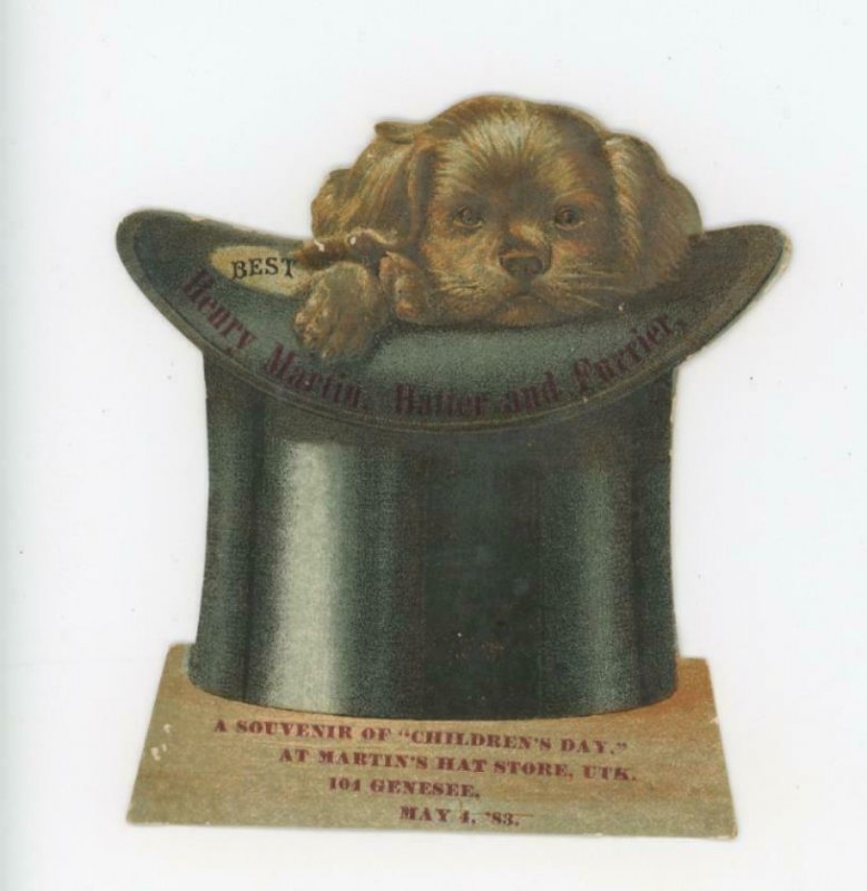 1883 Die-Cut Dog Top Hat Henry Martin Hat Store Victorian Trade Card P138