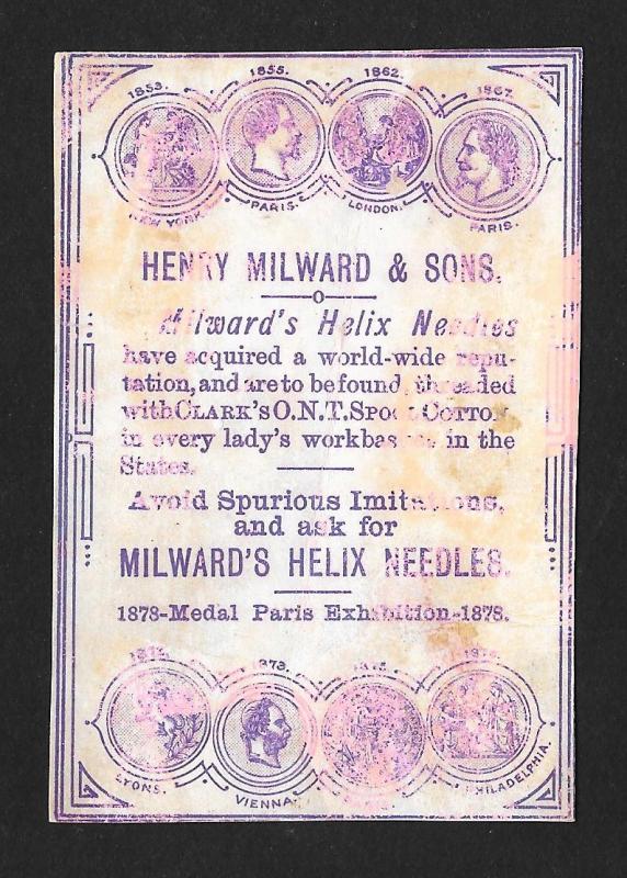 VICTORIAN TRADE CARD Milward's Helix Needles Children Cherub