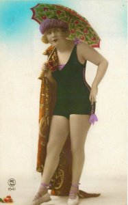 1920s Sexy Bathing Beauty Parasol #1641 PC Paris RPPC Photo Postcard 22-7149