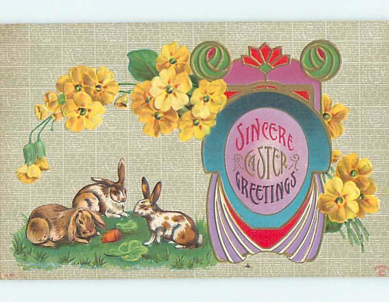 Pre-Linen easter BUNNY RABBITS EATING CARROT ON THE GROUND HL0501