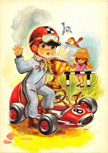 US3934 Racing Car Little Boy, Birds Postcard