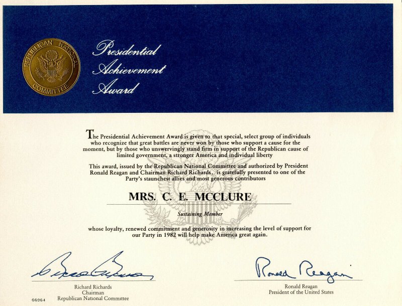 Presidential Achievement Award Mrs C. E. McClure From President Ronald Regan  