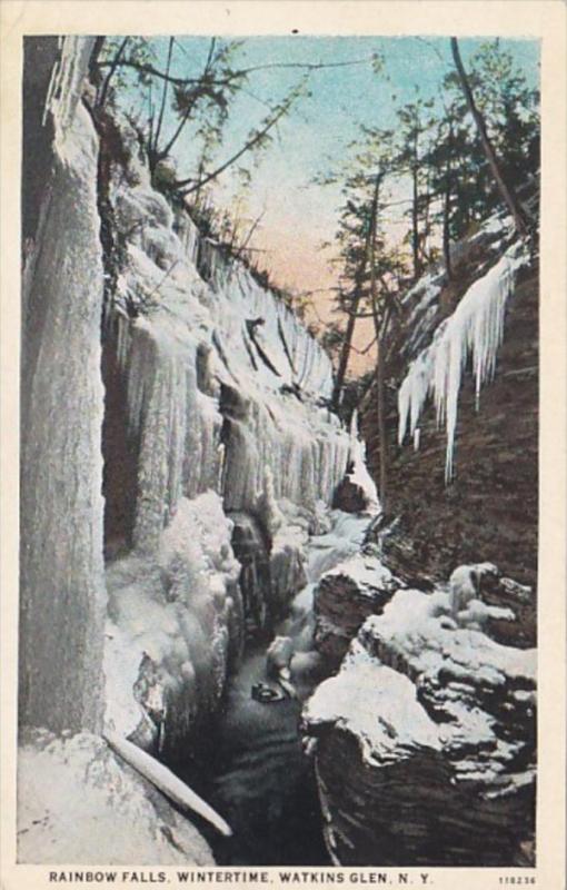 New York Watkins Glen Rainbow Falls Winter Scene Curteich