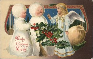 Christmas Fantasy Snowman People & Angel c1910 Embossed Winsch Postcard