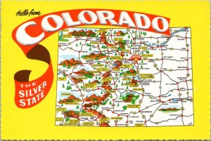 Postcard CO Hello from Colorado The Silver State - Souvenir Map