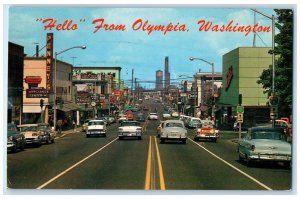 c1950's Cars Passing Scene Hello from Olympia Washington WA Vintage Postcard
