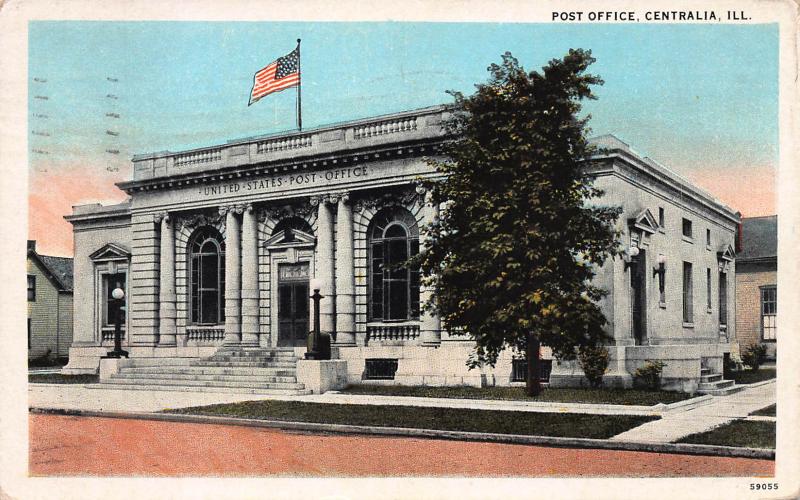 Post Office, Centralia, Illinois, Early Postcard, Used in 1937