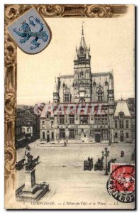 Old Postcard The Compiegne Hotel de Ville and Place Lion Armoireries