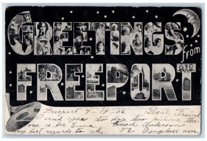 1906 Greetings From Freeport Illinois IL, Large Letters Crescent Stars Postcard 