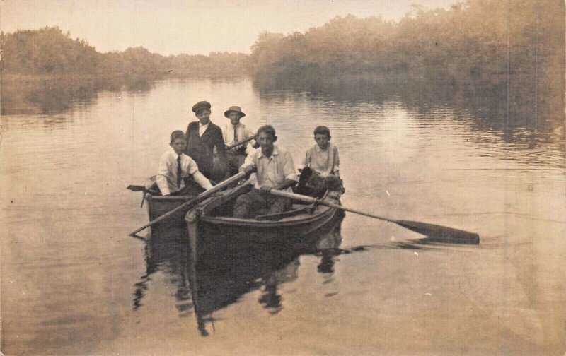 BRIDGETON NJ~YOUNG BOYS ROWING BOATS ON RIVER OR LAKE~1910s REAL PHOTO POSTCARD 