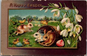 Happy Easter With Rabbits and Chicks Embroidered