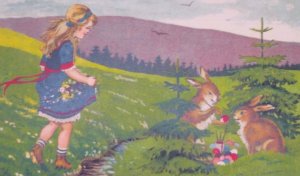 Rabbits Bunnies Paint Eggs A/S F Schenkel Antique Vintage Easter Postcard German