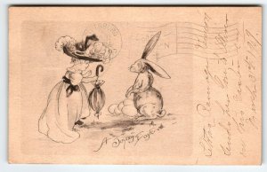 Easter Postcard Big Hat Women Bunny Rabbit Joyous Greetings Undivided Back 1907