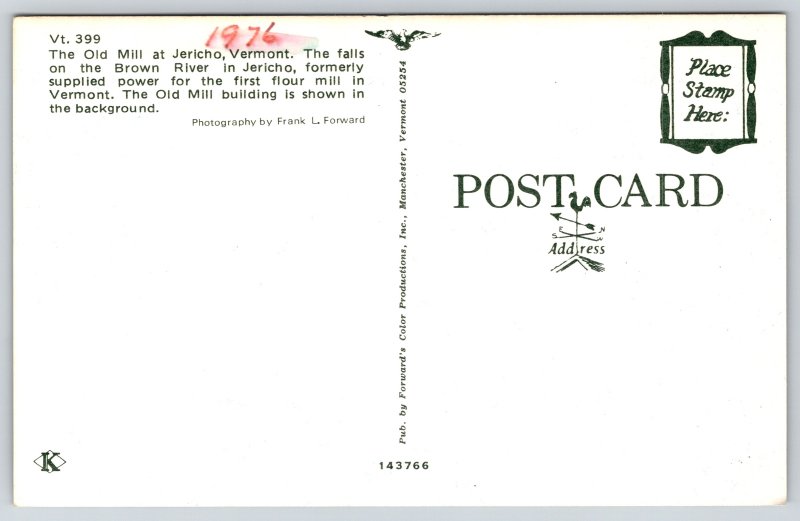 Jericho Vermont~Air View Old Mill~Vintage Postcard