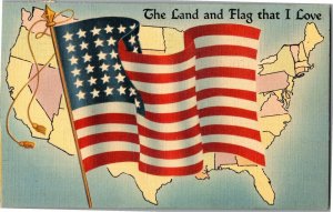 The Land and Flag I Love U.S. Map, Flag c1941 Vintage Linen Postcard A01