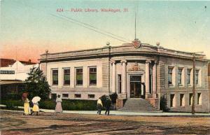c1907 Chromograph Postcard Public Library Waukegan IL Lake County Unposted