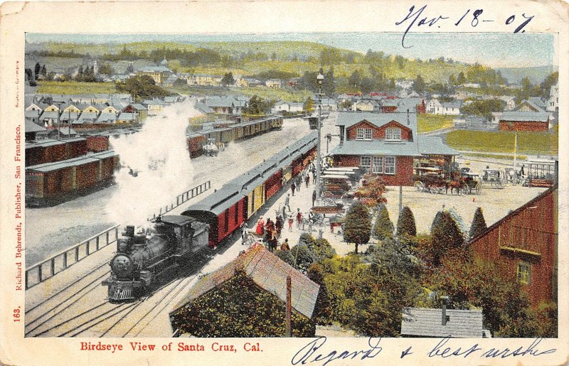 F81/ Santa Cruz California Postcard 1907 Birdseye View Railroad Depot Loco