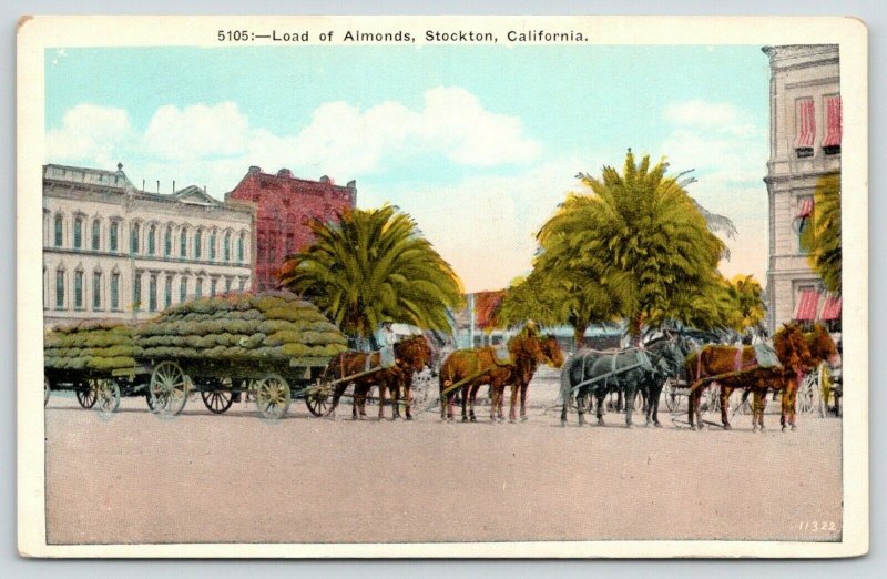 Stockton California~Horse Drawn Carts of Load of Almonds on Main Street~1920s 