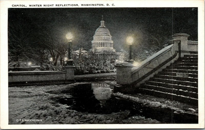 Vtg 1920s Capitol Winter Scene Night View Reflection Washington DC Postcard