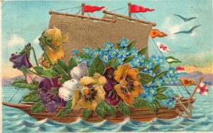 Vintage Postcard Best Birthday Wishes Flowers Boats Birds Natal Day Greetings