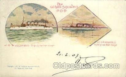 Military Ship Poscard USS Columbia 1907 crease across center of card, writing...