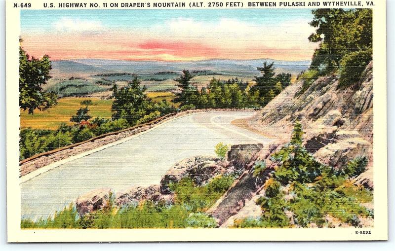 Postcard VA US Highway 11 Drapers Mountain Pulaski Wytheville Virginia Linen E10
