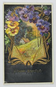 Birthday Gold Mirror Covered in Yellow & Purple Flowers - Vintage Postcard