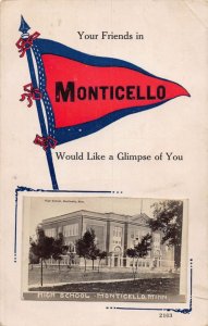 J77/ Monticello Minnesota RPPC Pennant Postcard c1910 High School 316