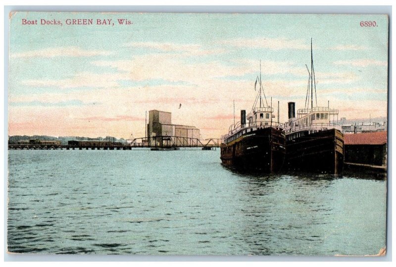 Green Bay Wisconsin WI Postcard Boat Docks Steamships Harbor Scene 1908 Vintage
