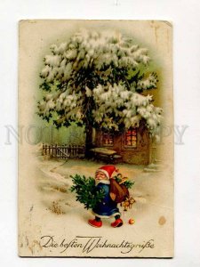 3078084 Blue Robed SANTA CLAUS w/ TEDDY BEAR vintage Litho PC