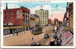 VINTAGE POSTCARD STREET TROLLEY SCENE AT CENTRAL SQUARE CAMBRIDGE MASS 1933