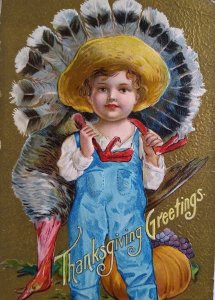 Thanksgiving Postcard Farm Boy Brings Home Turkey Series 1 Embossed Vintage 1908