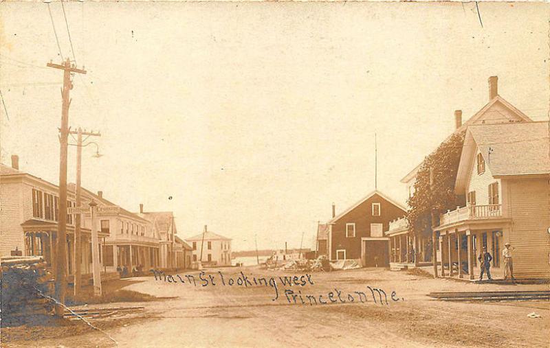 Princeton ME Main Street Store Fronts Railroad Tracks RPPC Postcard