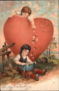 Valentine Fantasy Little Boy Tosses Flowers to Little Girl c1910 Postcard