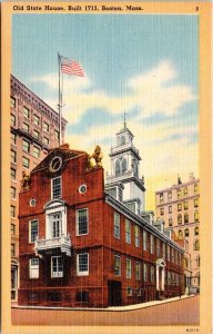 Old State House Streetview Downtown Boston Massachusetts Linen Postcard 