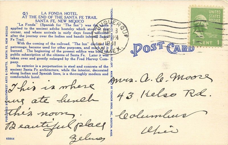 Santa Fe New Mexico 1941 Postcard La Fonda Hotel 