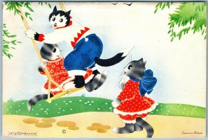 DRESSED CATS on SWING VINTAGE POSTCARD ARTIST SIGNED