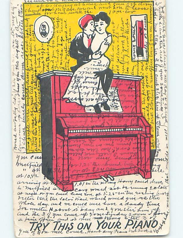 Pre-1907 comic WOMAN SITTING ON MAN'S LAP ON TOP OF PIANO HL2160