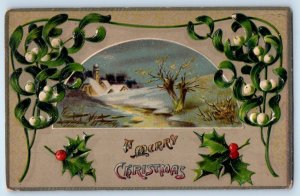 Christmas Postcard Holly Berries Mistletoe Winter Scene Embossed Greenfield MA