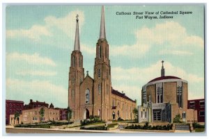 c1940's Calhoun Street View of Cathedral Square Fort Wayne Indiana IN Postcard