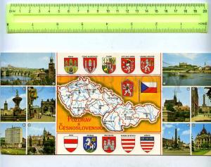 203683 Czechoslovakia MAP Coats of Arms & towns old postcard