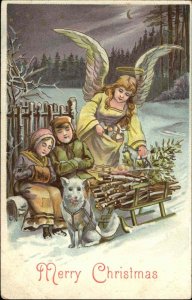 Christmas angel Leaves Toys for Sleeping Children Sled Dog Dogsled c1910 PC