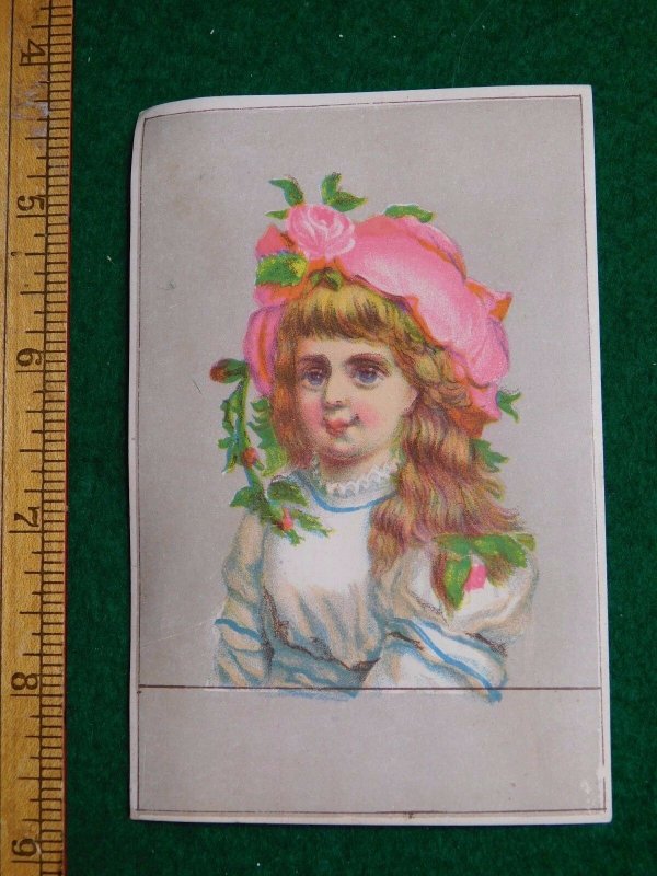 1870s-80s Girl in Pink Rose Hat & White Dress Victorian Trade Card F34 