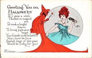 Vintage Red Witch, Beautiful Woman, Magic Wand, Mask Antique Halloween Postcard